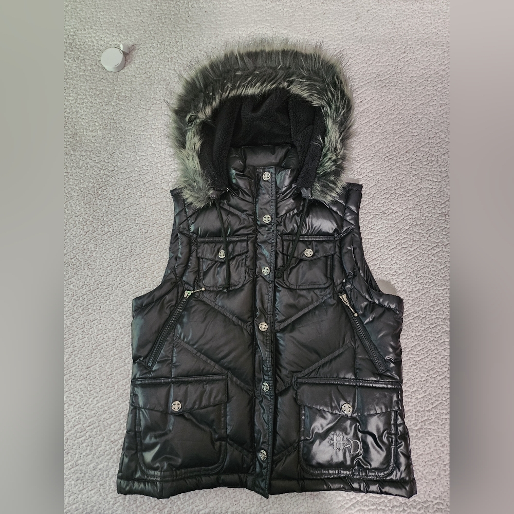 Harley Davidson , Faux Fur , Down Filled Hooded Vest Jacket - Picture 2 of 16